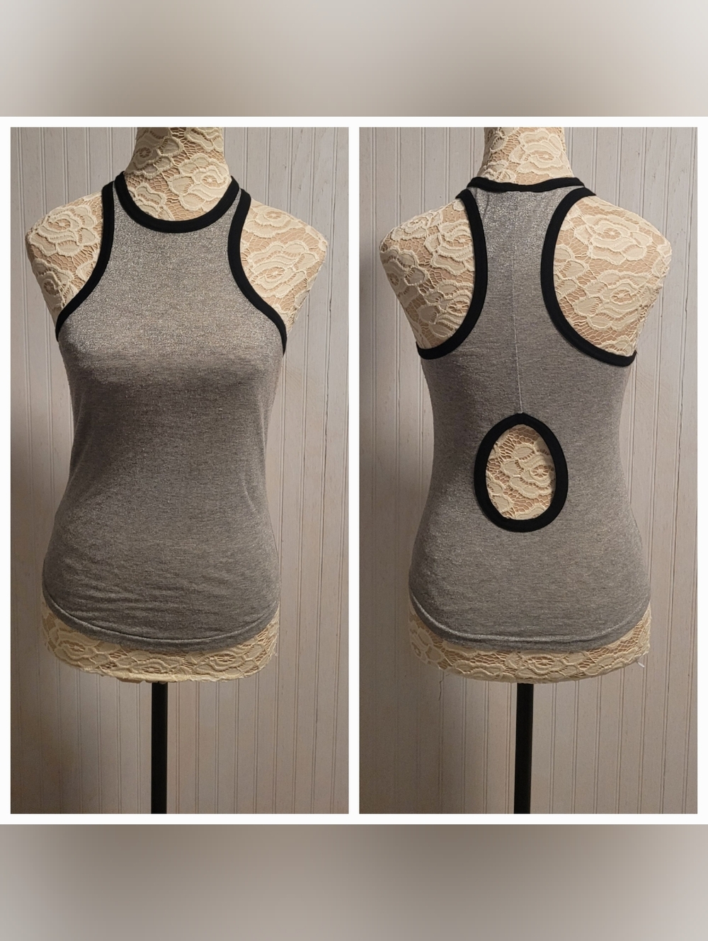 Vintage Bebe Y2K Silver Glitter Metallic Keyhole Back Tank Top Size S